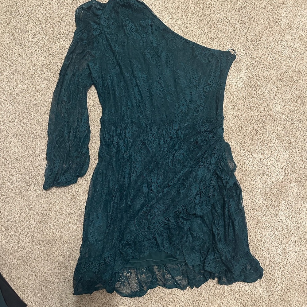Elegant Teal One-Shoulder Lace Dress